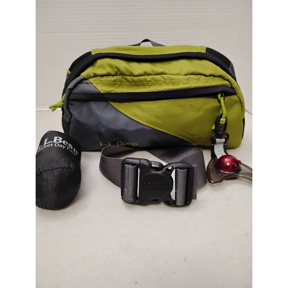 Vintage LL Bean Fanny Pack Green Nylon Pocket Day Pack Flashing Safety Beacon